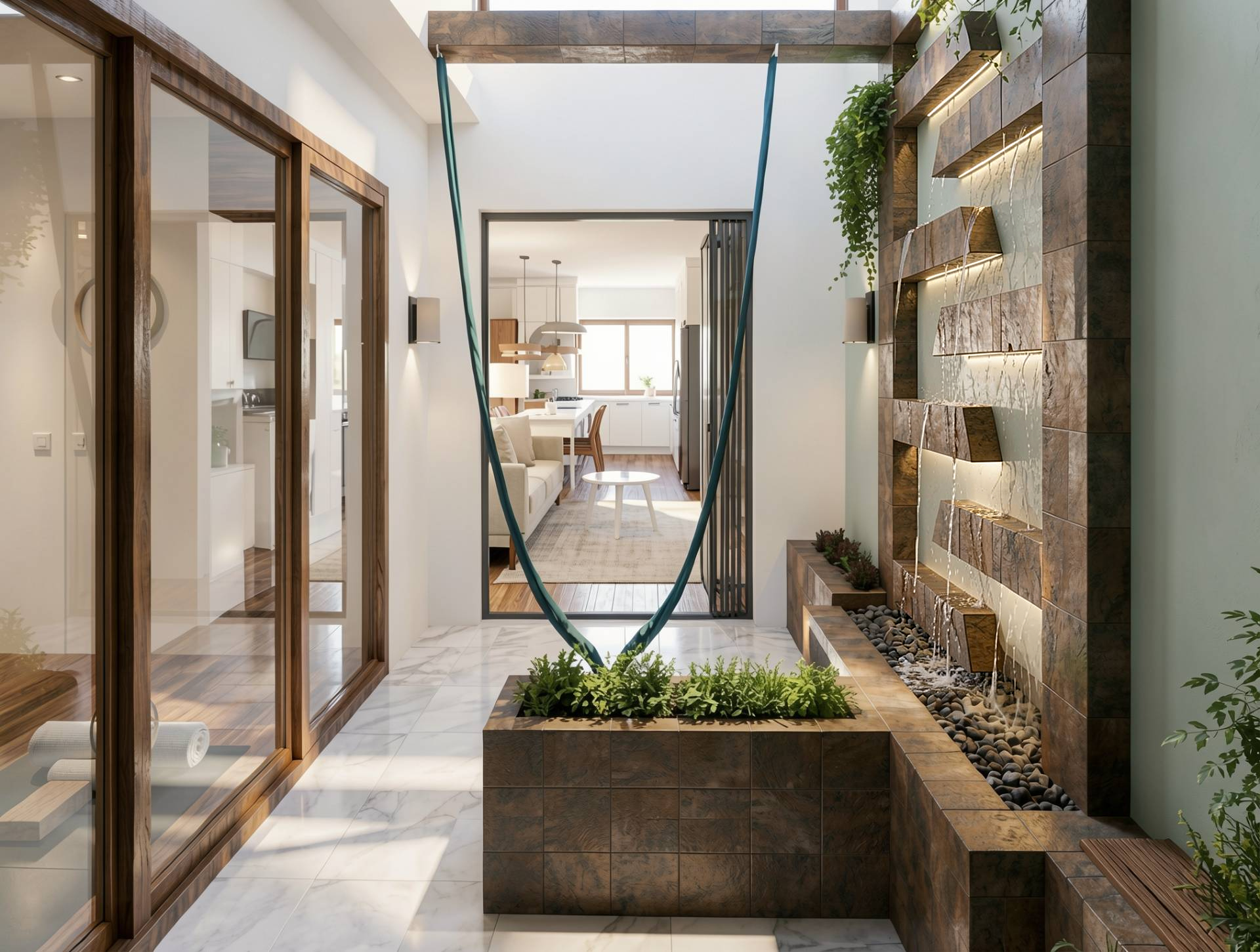 Família Oliveira — Jardim interno com parede d'água